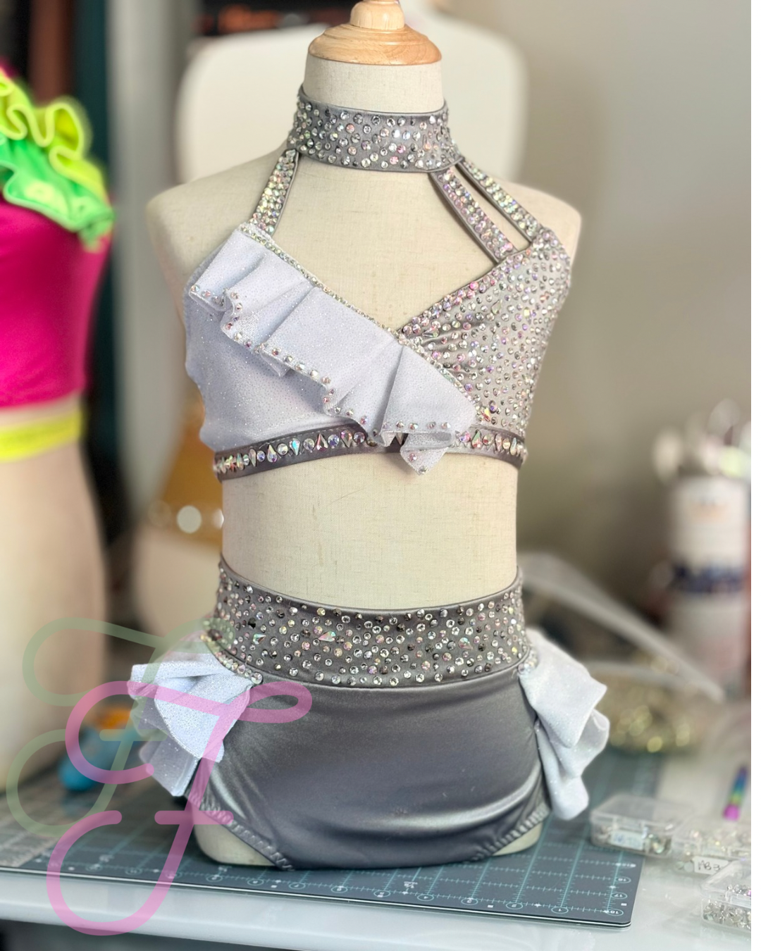 Ready to Ship!  Silver 2 Piece Ruffle fully stoned - child medium